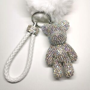 Sparkling Bear Keychain with White Pom Pom